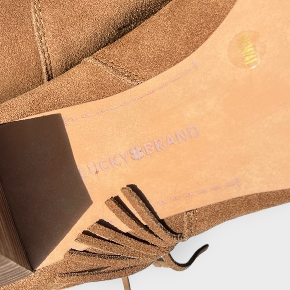 🌻NEW w/box Lucky Brand Zakina Oiled Suede Tan Fringe Detailed Booties Size 9.5 - Picture 8 of 12